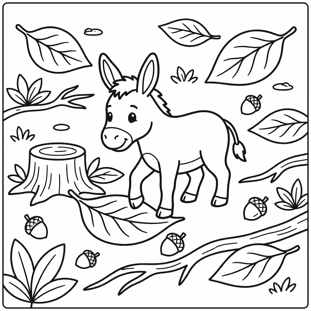 Simple donkey coloring page with leaves and acorns
