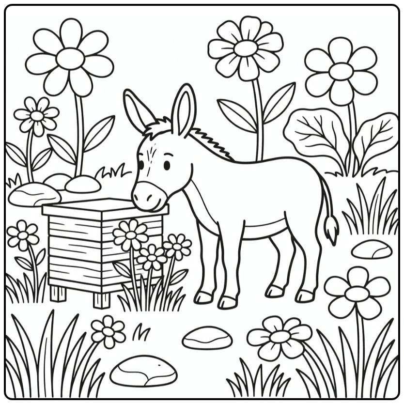 Simple donkey coloring page sniffing flowers by beehive