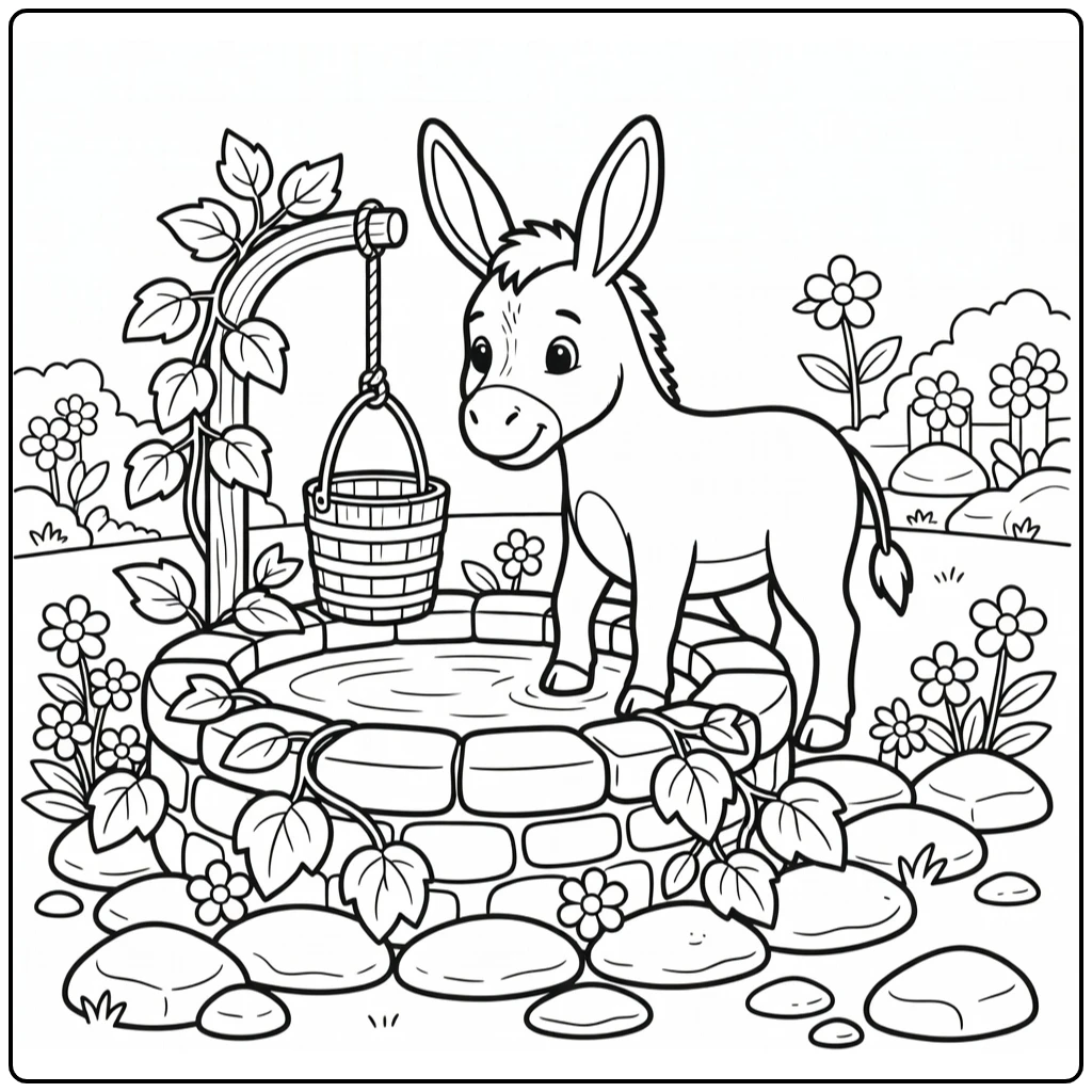 simple donkey coloring page of donkey at stone well