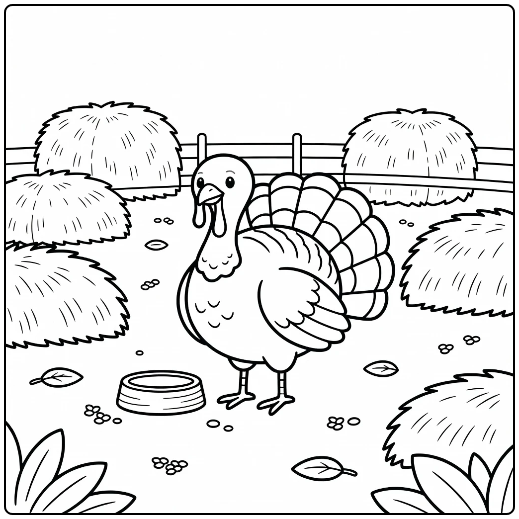 Simple turkey coloring page with farmyard bowl and hay