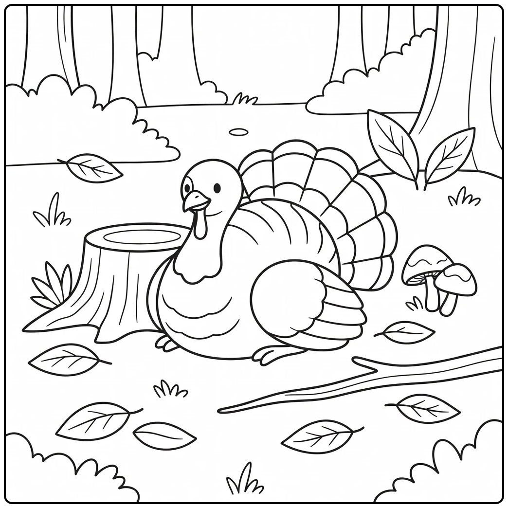 Simple turkey coloring page turkey resting near woodland stump