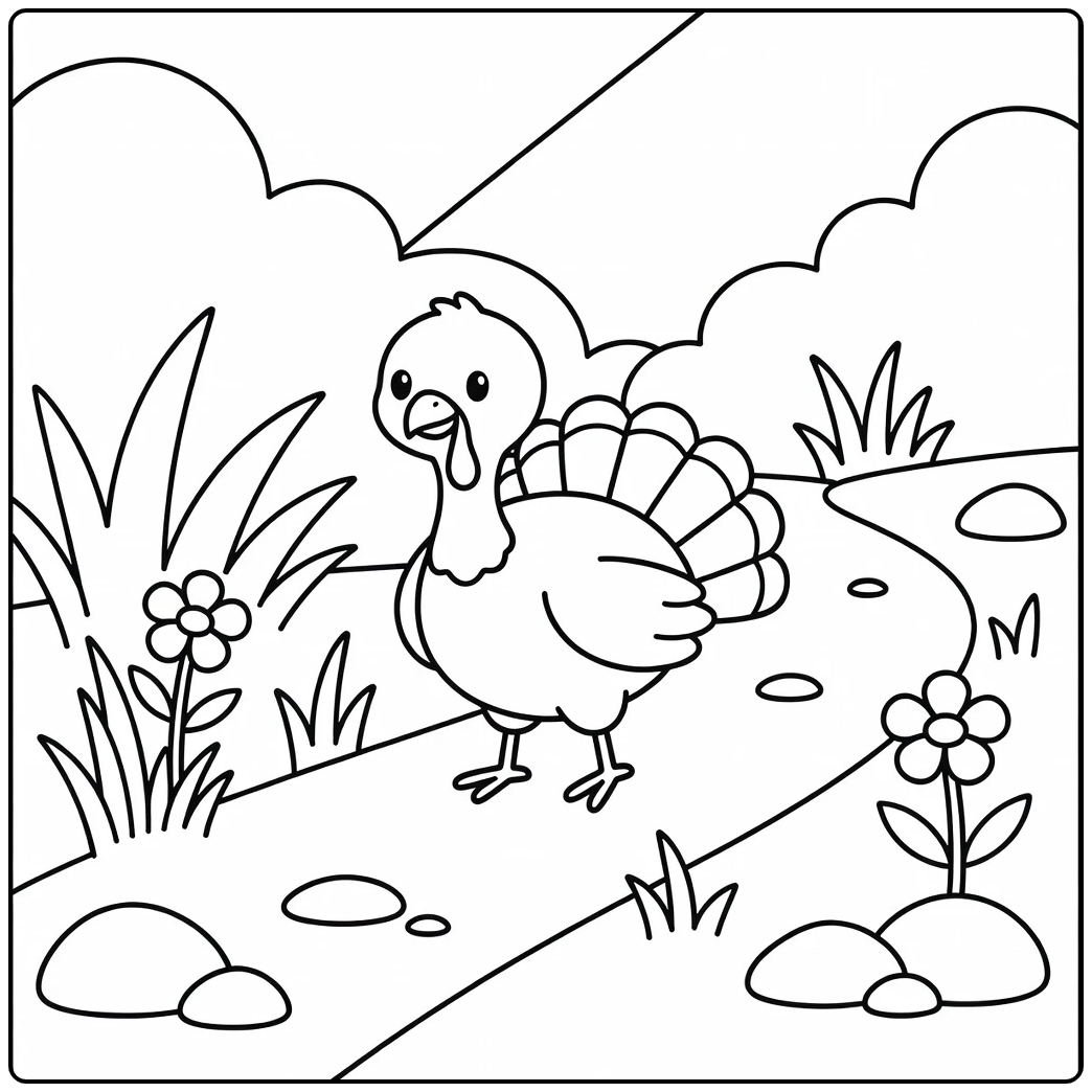 Simple turkey coloring page with meadow path and flowers