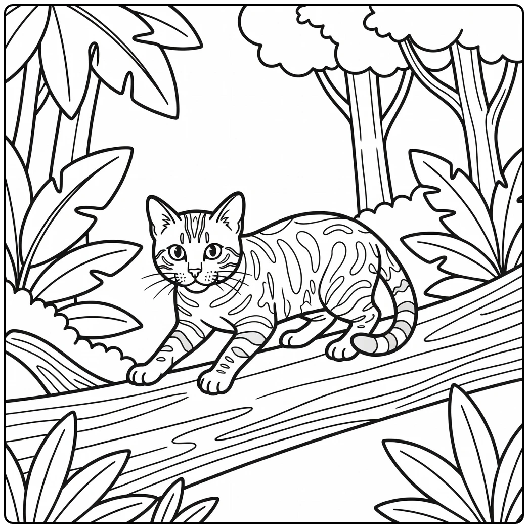 Bengal cat prowling on log, bengal cat coloring pages