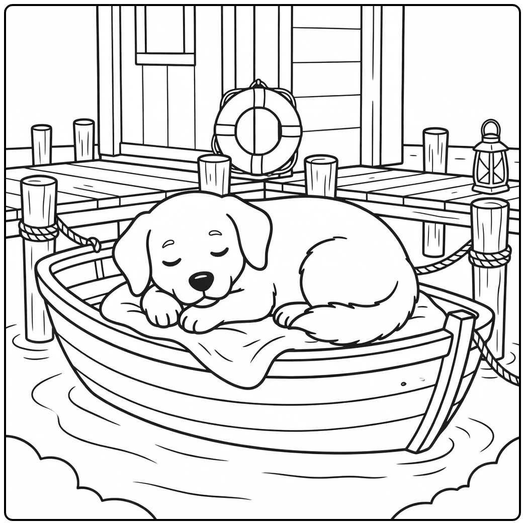 sleeping Dog coloring pages: pup curled in rowboat at dock