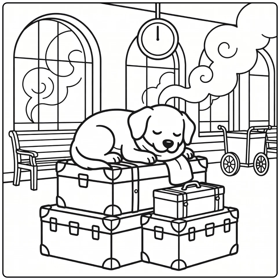 Sleeping Dog coloring pages: dozing on trunks in old station