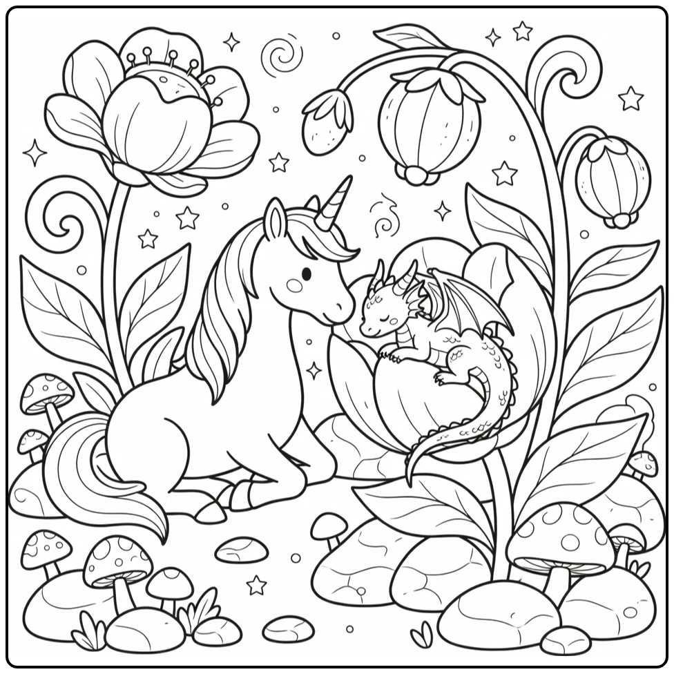 Dragon and unicorn coloring page: unicorn nuzzling sleeping baby dragon in flower bud