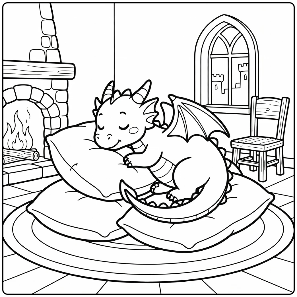Cute western dragon napping on cushions in cozy castle room dragon coloring page
