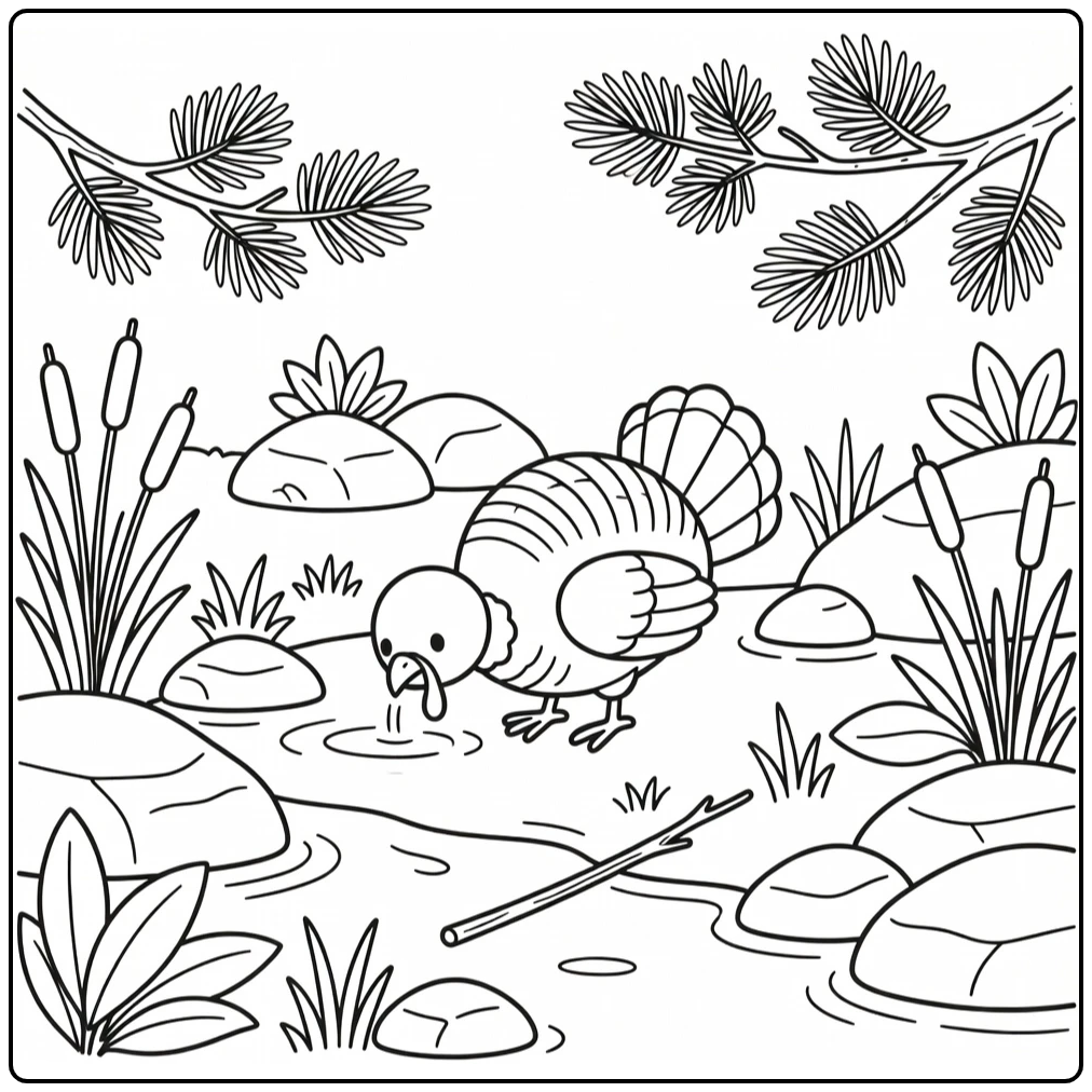 small turkey coloring page near stream and rocks