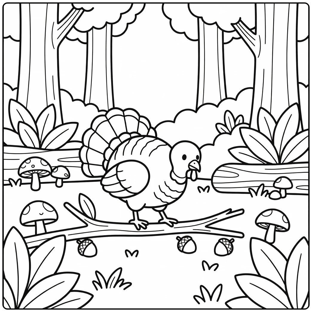 small turkey coloring page with acorn search scene