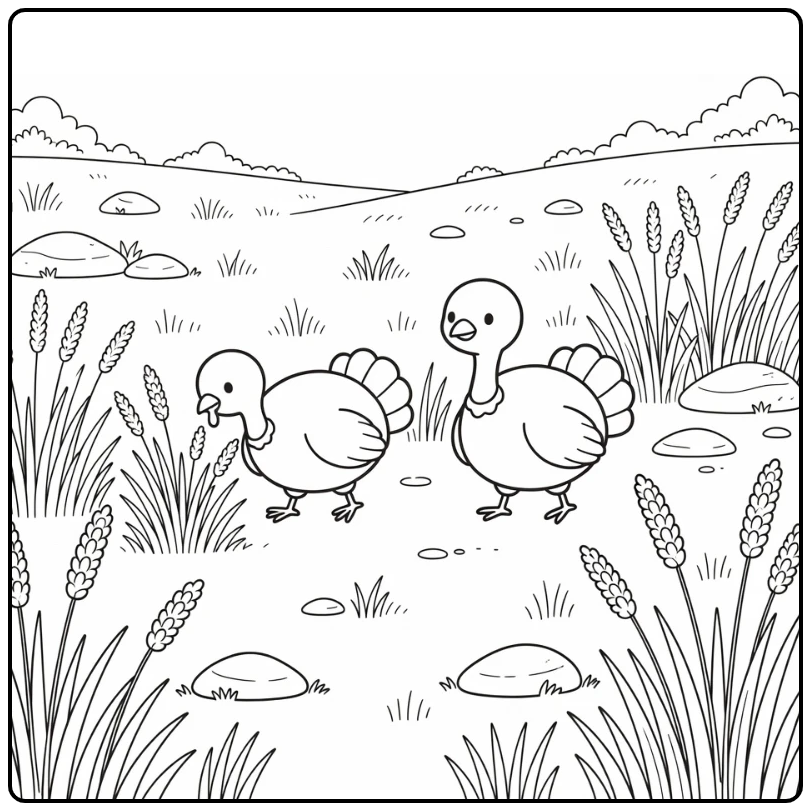 Small turkey coloring page with two Rio Grande turkeys in field