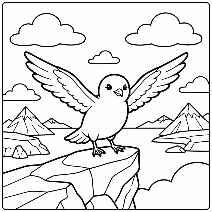 Antarctic animals coloring page: snow petrel landing on rock ledge