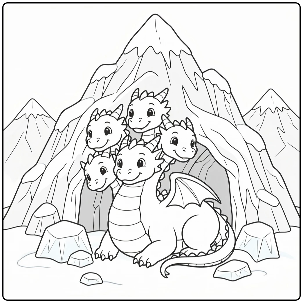 Hydra dragon coloring page: four heads curl in snowy peaks