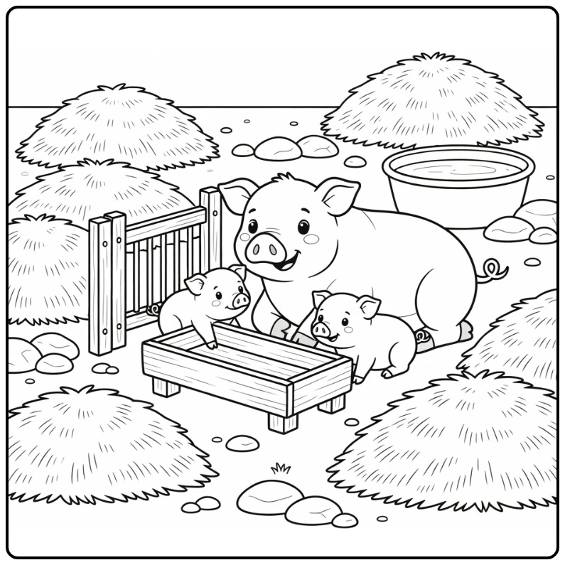 Farm animal coloring page: sow with piglets by trough
