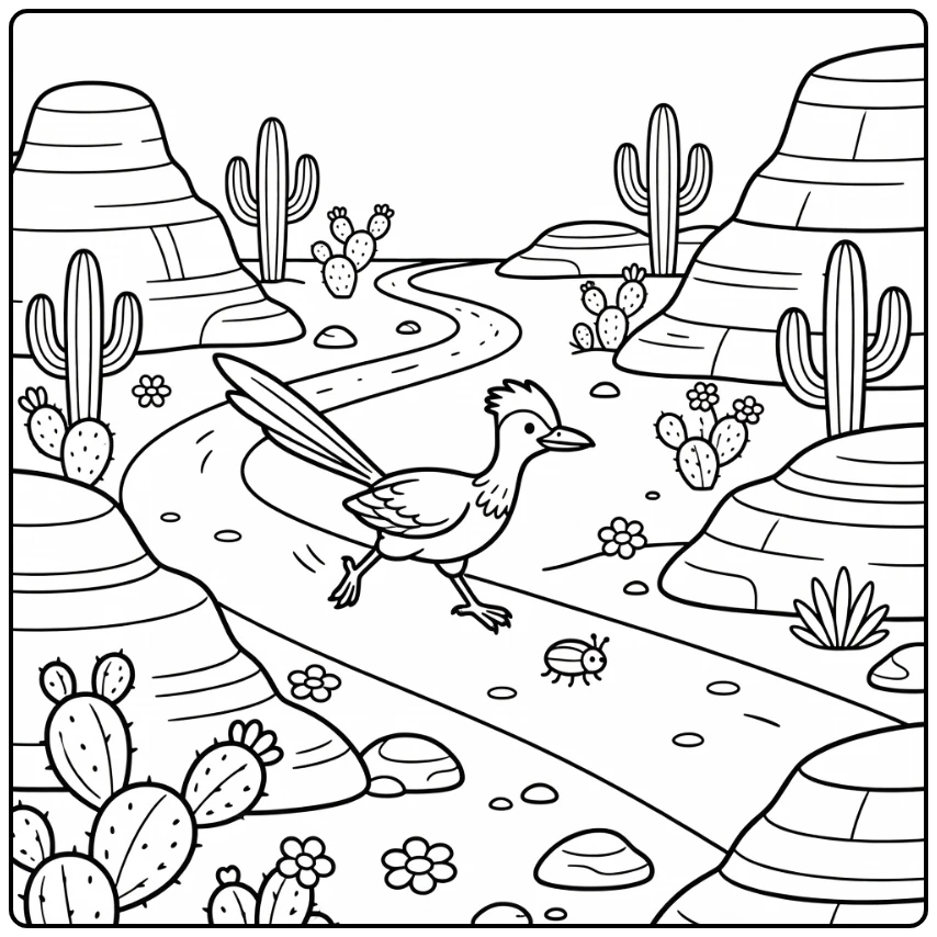 Roadrunner chasing beetle on canyon trail, desert animal coloring page
