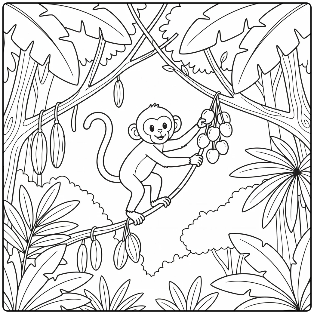 Jungle animals coloring page: spider monkey reaching for fruit