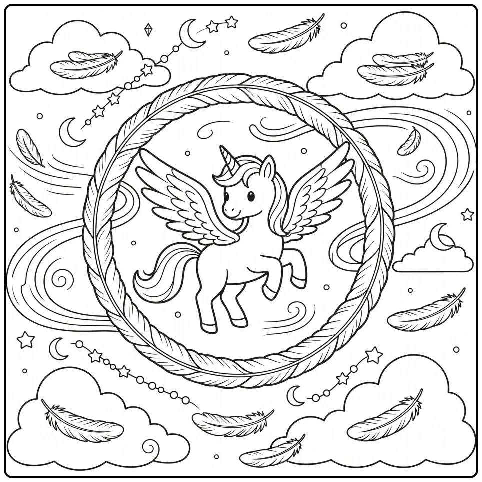 Alicorn coloring page: winged unicorn spinning in feather hoop