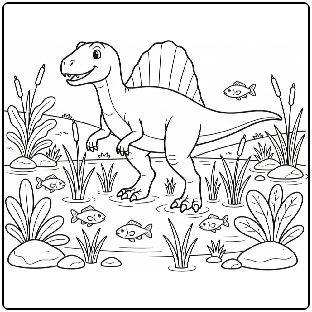 Dinosaur coloring page of Spinosaurus in shallow river water