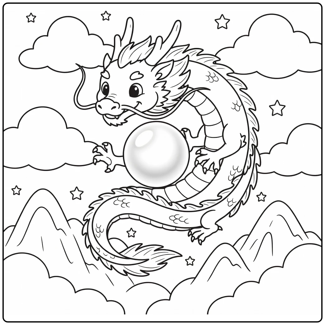 Chinese dragon coloring page curling around giant pearl
