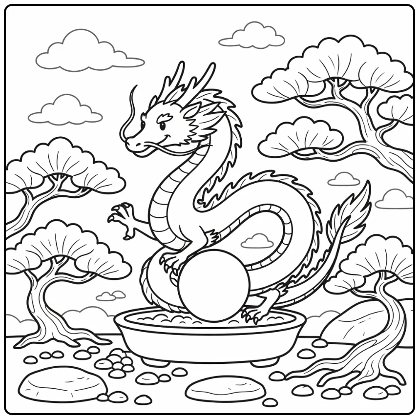 Japanese dragon coloring page guarding sacred orb bonsai