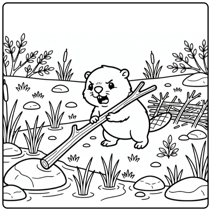 Spring baby animal coloring pages: beaver kit drags twig