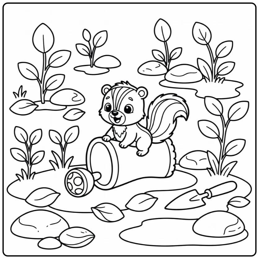 Spring baby animal coloring pages: skunk kit in rain boot