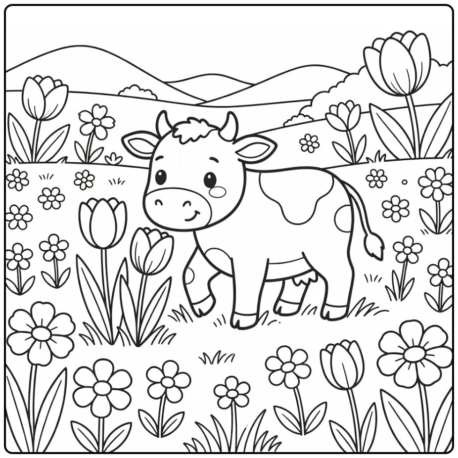 Spring cow coloring pages: cow strolling flower field