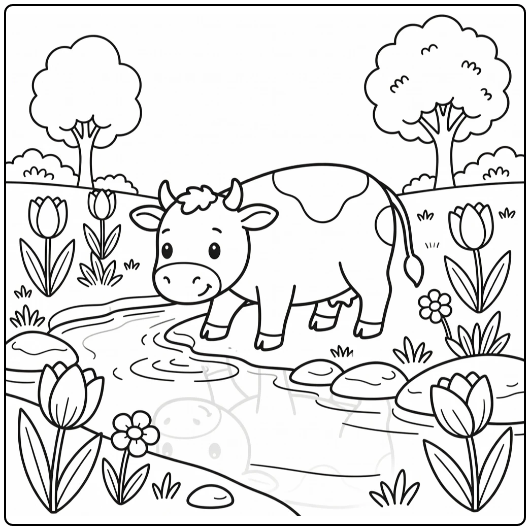 Spring cow coloring pages: cute cow drinks from stream with reflection