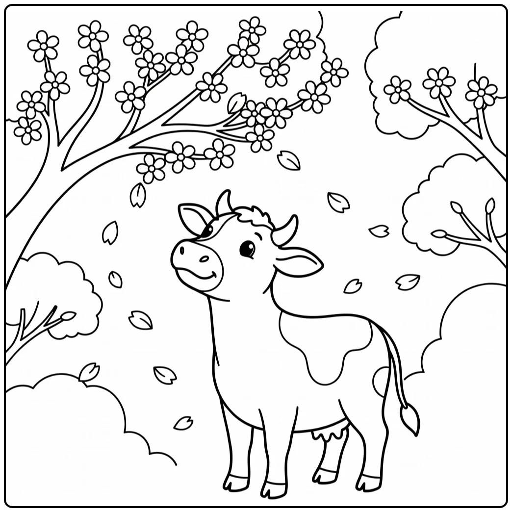 Spring cow coloring pages: cow watches falling petals under tree
