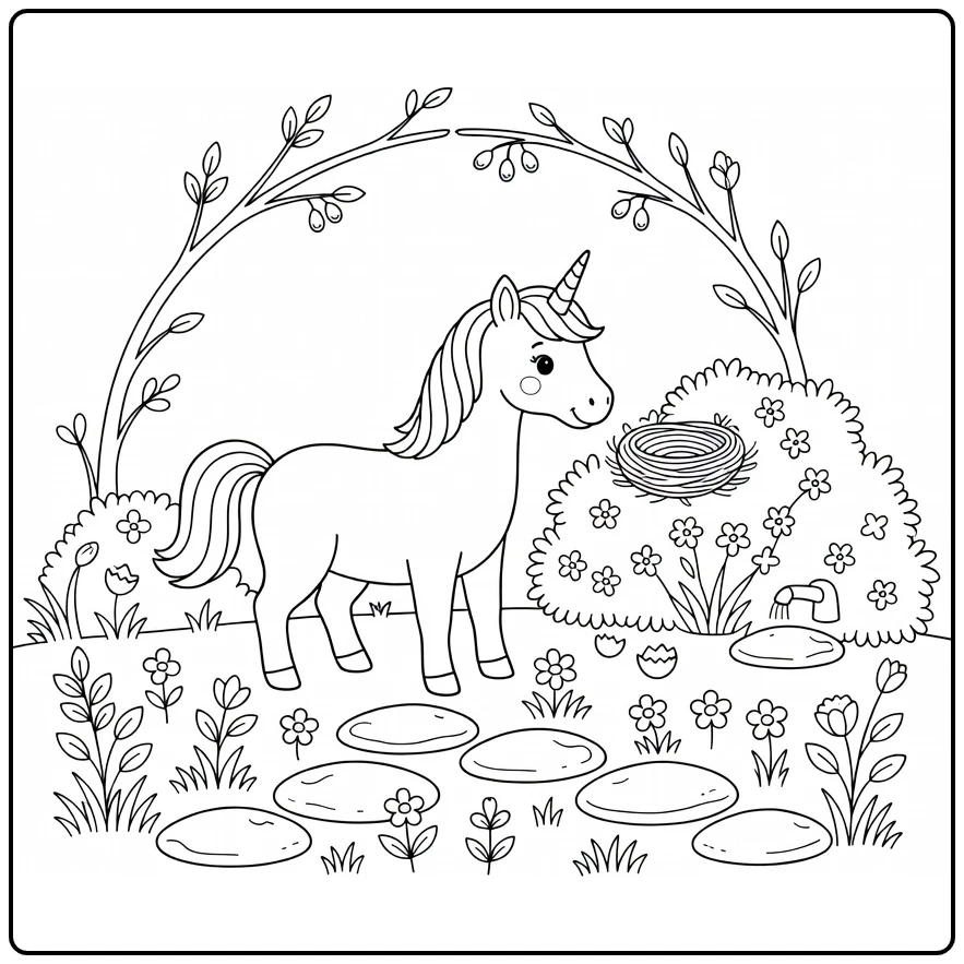 Spring unicorn coloring page: unicorn nears nest on stones