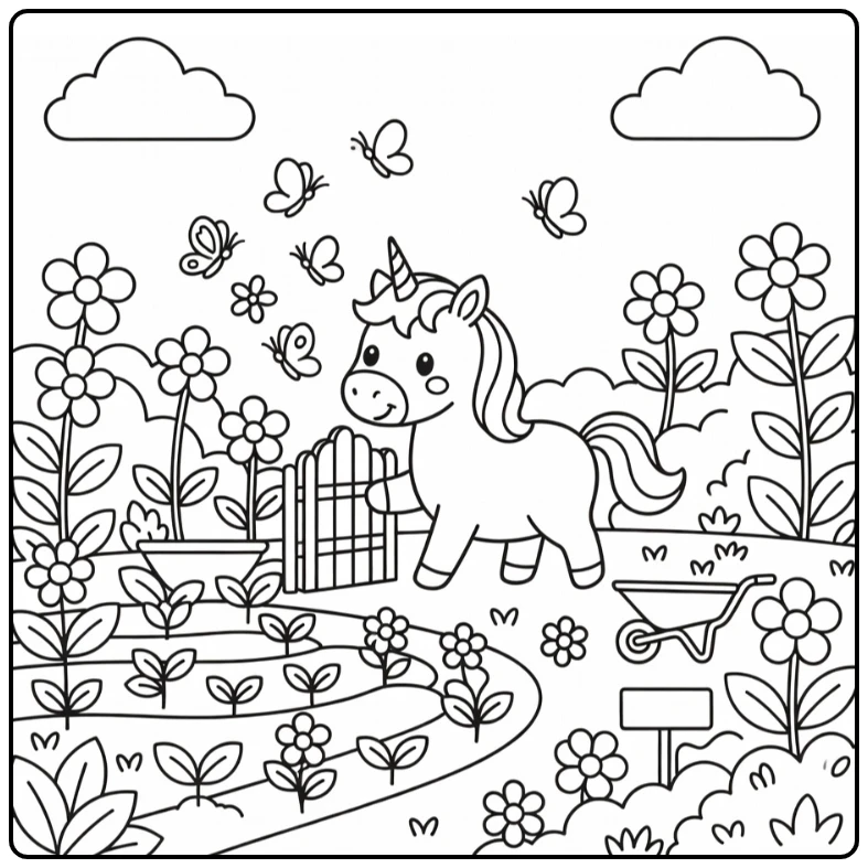 Spring unicorn coloring page: surprised unicorn at gate