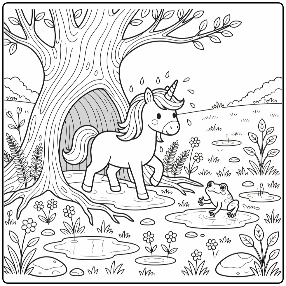 Spring unicorn coloring page: emerging from tree to rainy meadow