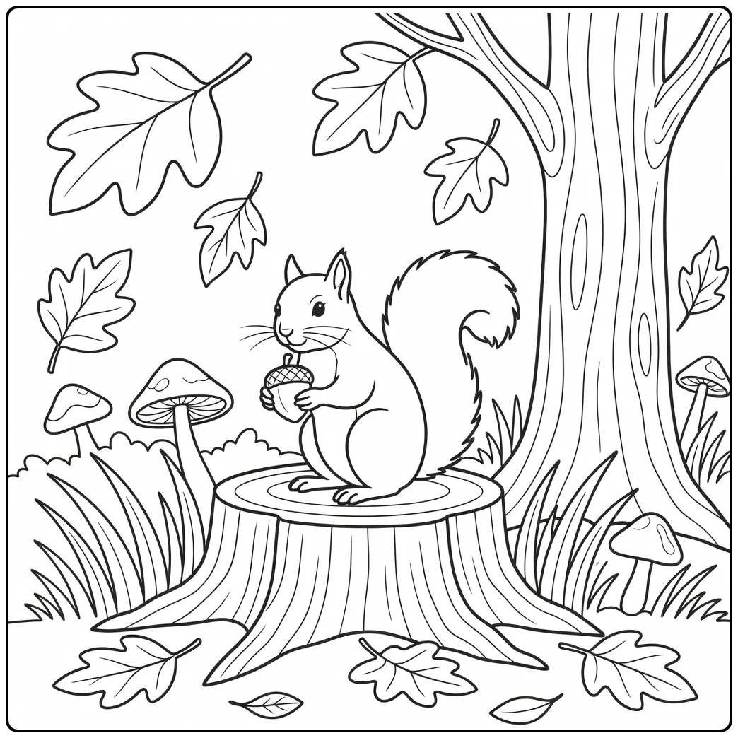 Easy realistic animal coloring pages: squirrel on stump with acorn