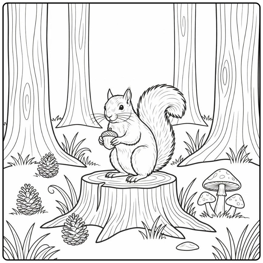Realistic animal coloring page: squirrel on stump with nut