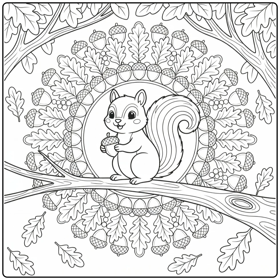 Animal mandala coloring pages: squirrel on branch with acorn