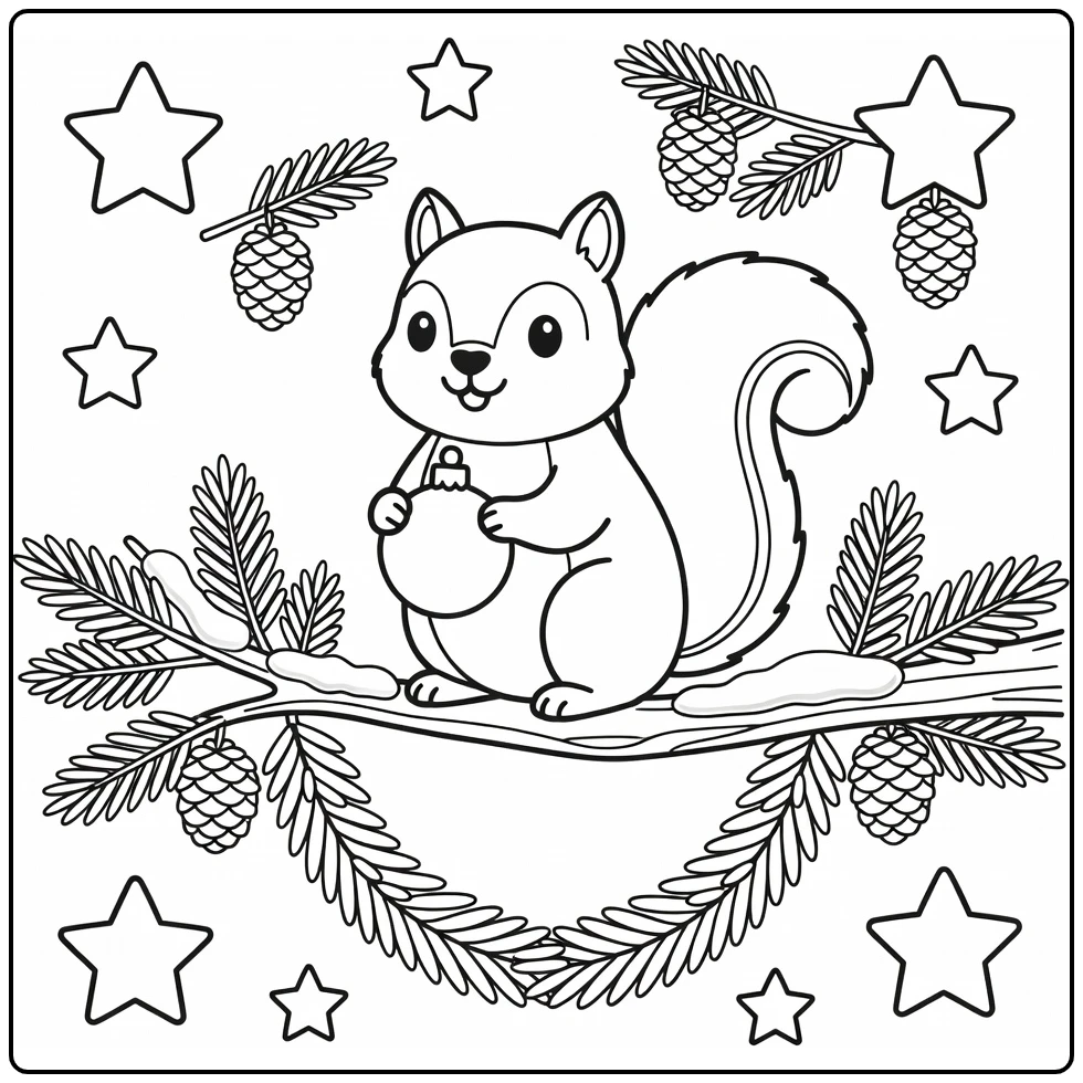 Christmas animal coloring page: squirrel balancing ornament on snowy branch