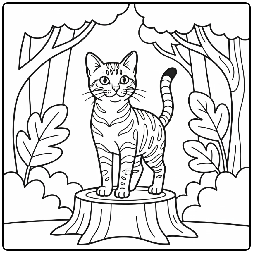 Alert Bengal cat on tree stump in forest, bengal cat coloring pages