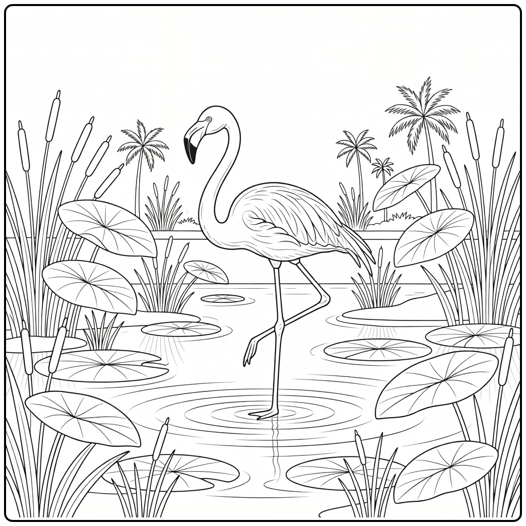 Flamingo in lagoon reeds realistic animal coloring page (58 chars)