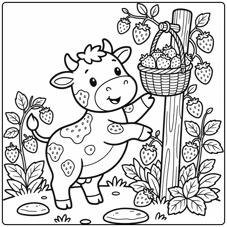 Strawberry cow coloring pages: cow reaching berry basket