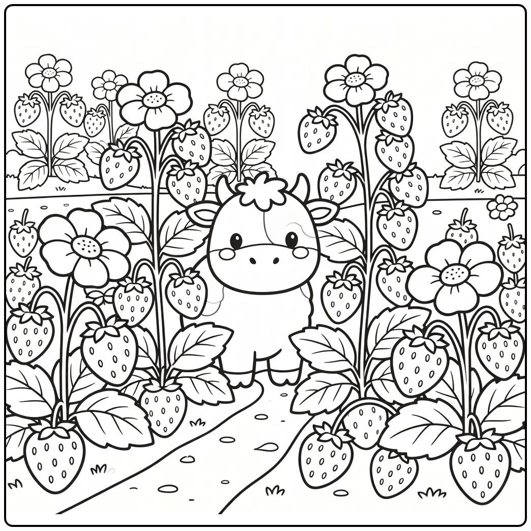 Strawberry cow coloring pages: peeking from plants