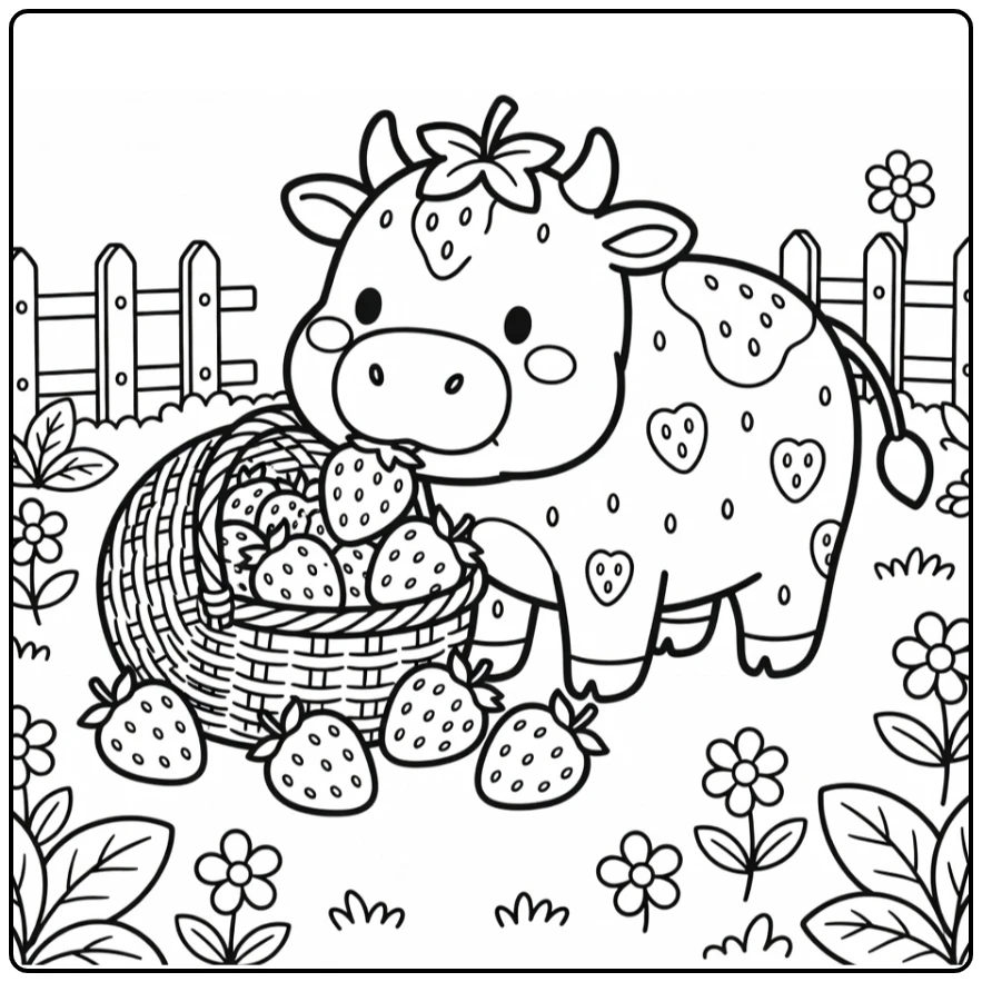 Strawberry cow coloring pages - nose in tipped basket spill