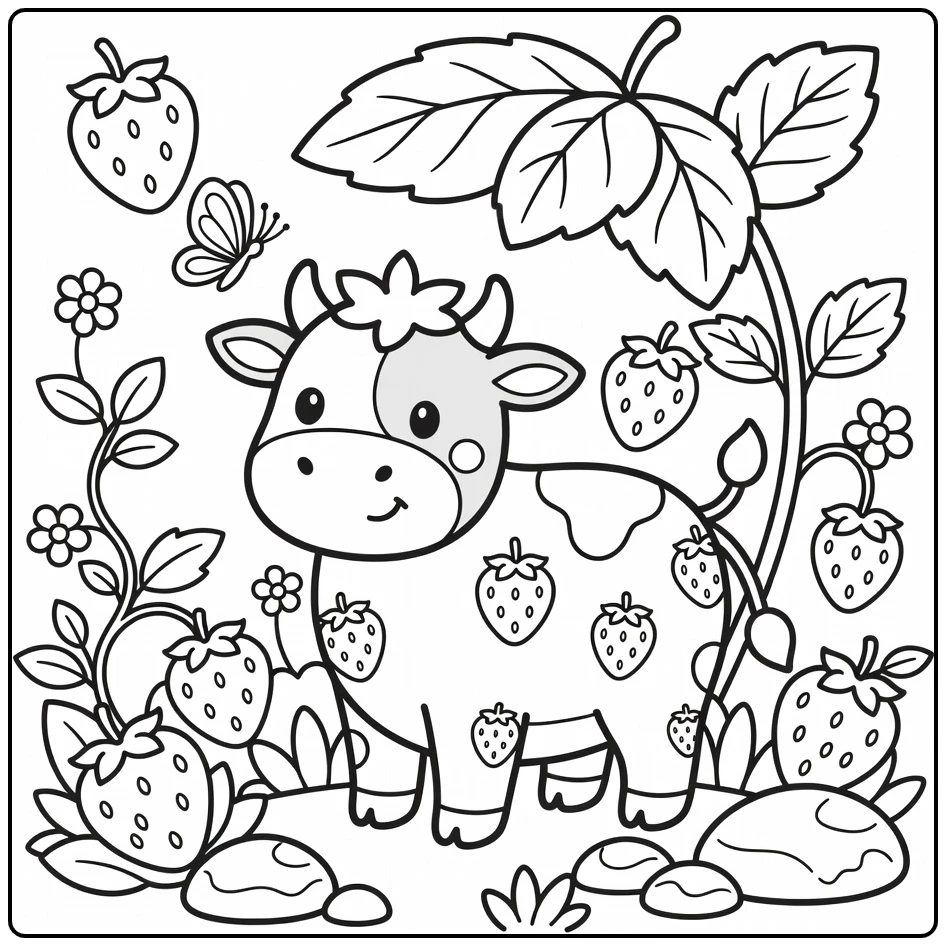 Strawberry cow coloring pages: under giant leaf umbrella, butterfly