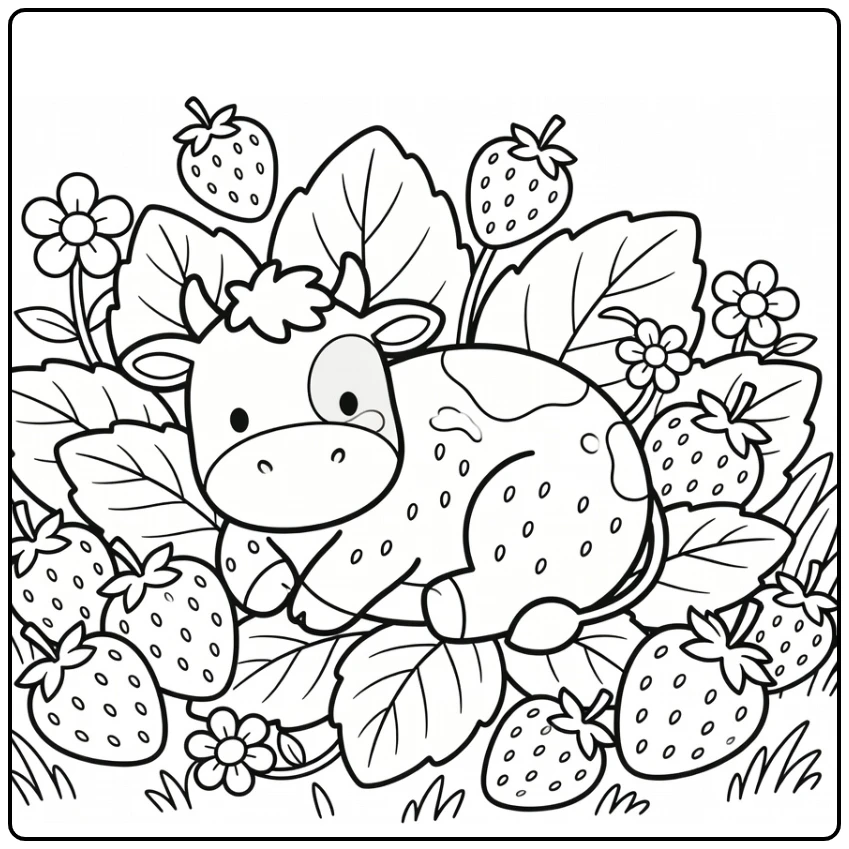 Strawberry cow coloring pages: cozy curled cow in leaf nest