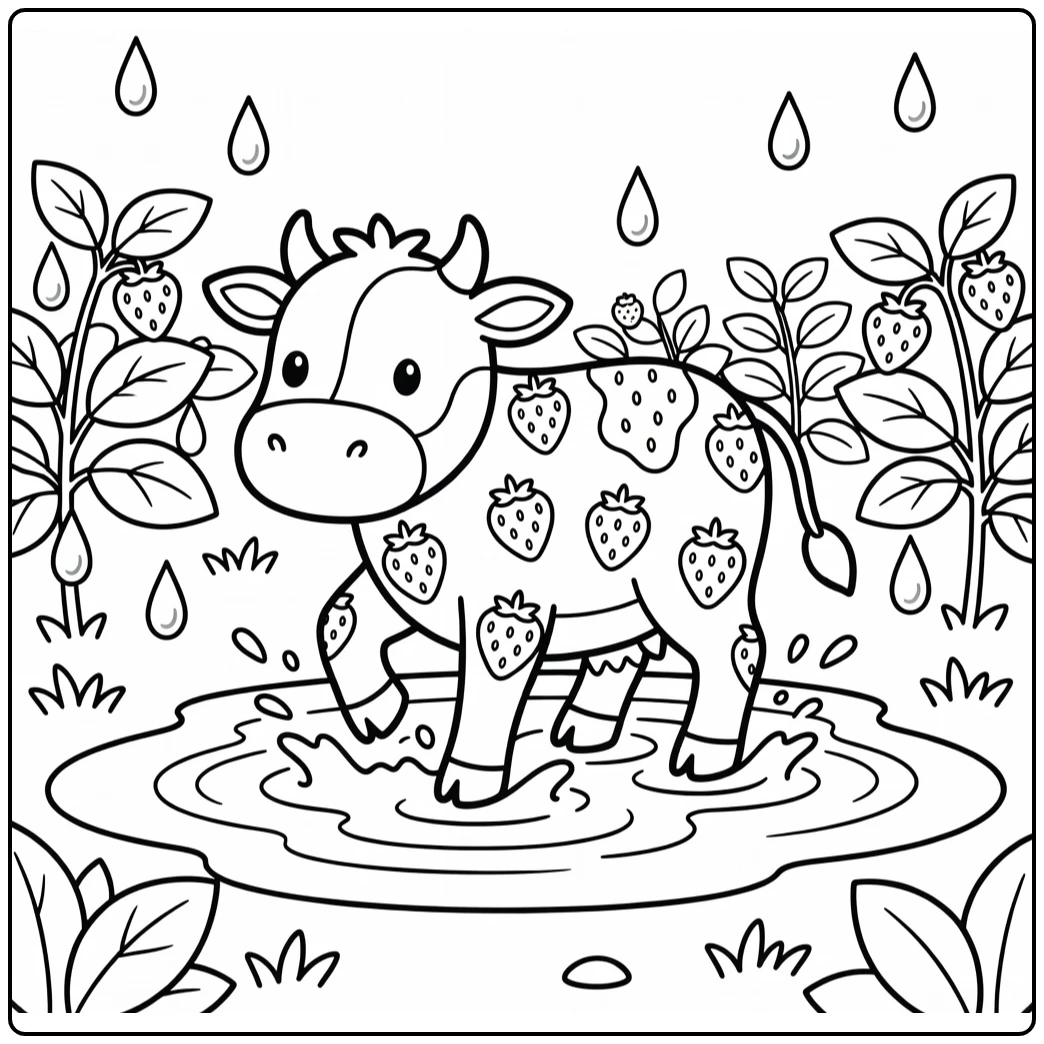 Strawberry cow coloring pages: splashing in berry field puddle