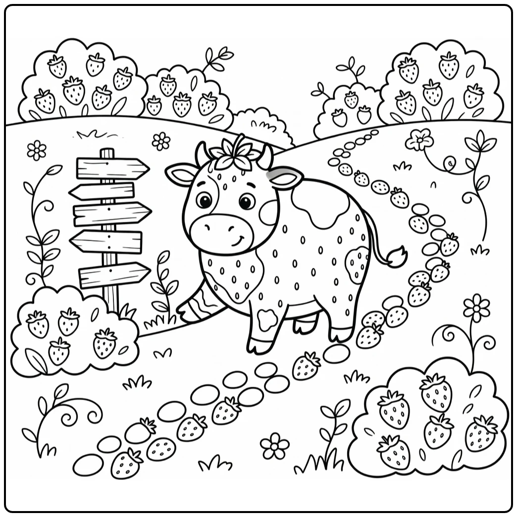 Cute strawberry cow coloring pages with berry trail signpost