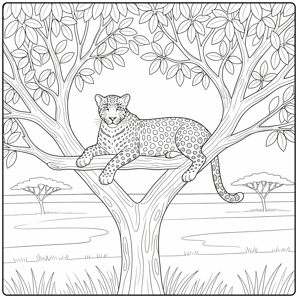 Leopard on tree branch realistic animal coloring page