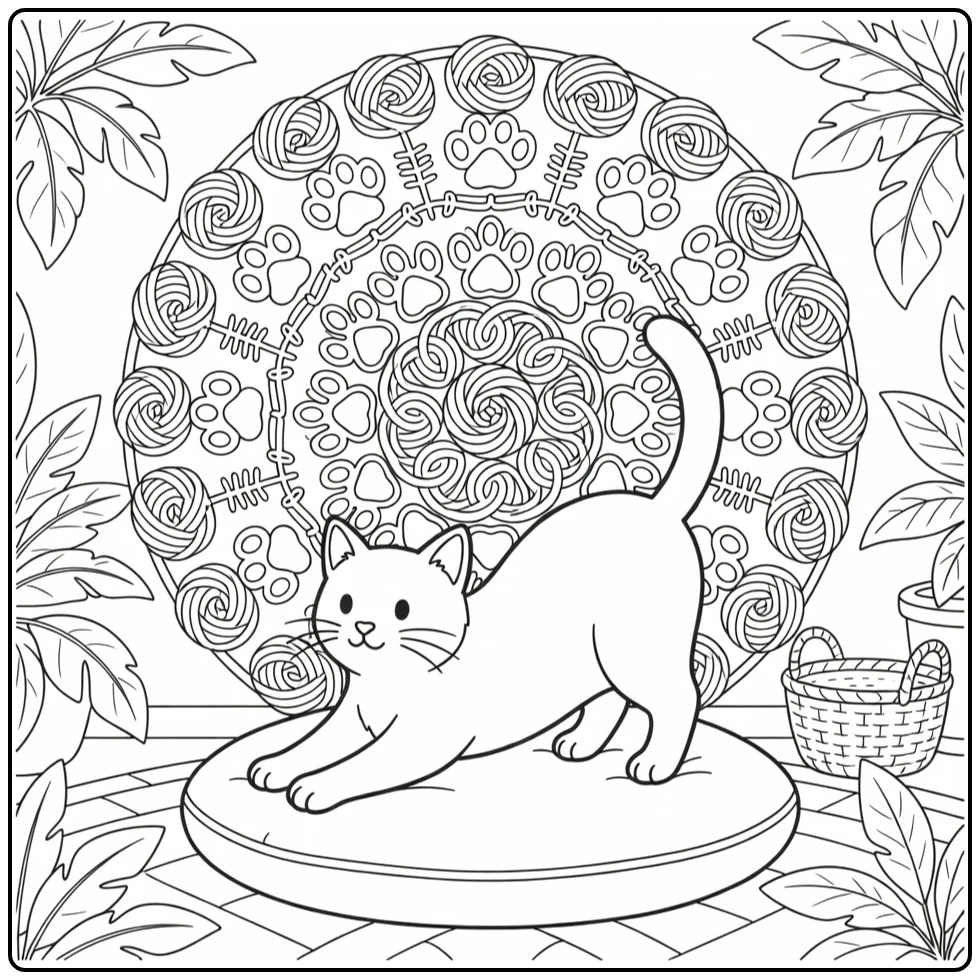 Animal mandala coloring pages: cat stretching on cushion
