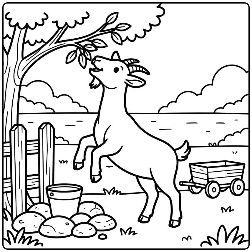 Farm animal coloring page: goat nibbling leaves from branch