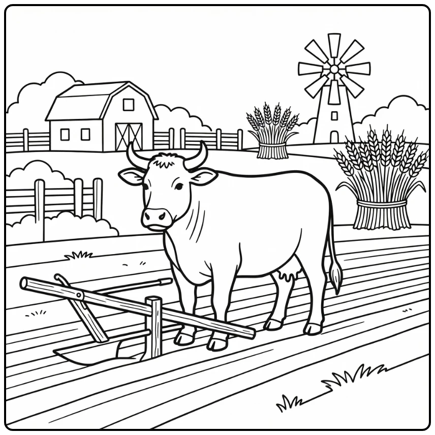 Farm animal coloring page for adults: ox by plow