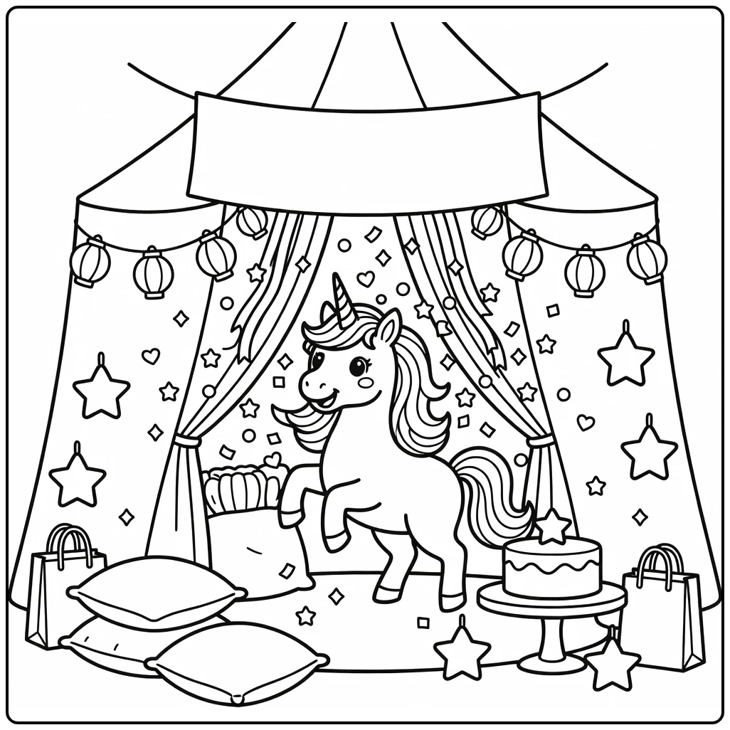 Unicorn party coloring page: bursting through ribbons