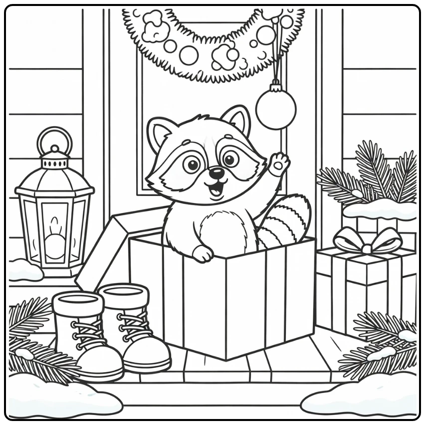 christmas baby animals coloring pages: surprised raccoon in box